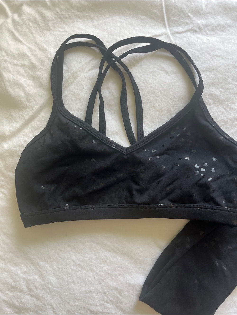 Beyond Yoga Black Heart-Print Strappy Bralette and leggings